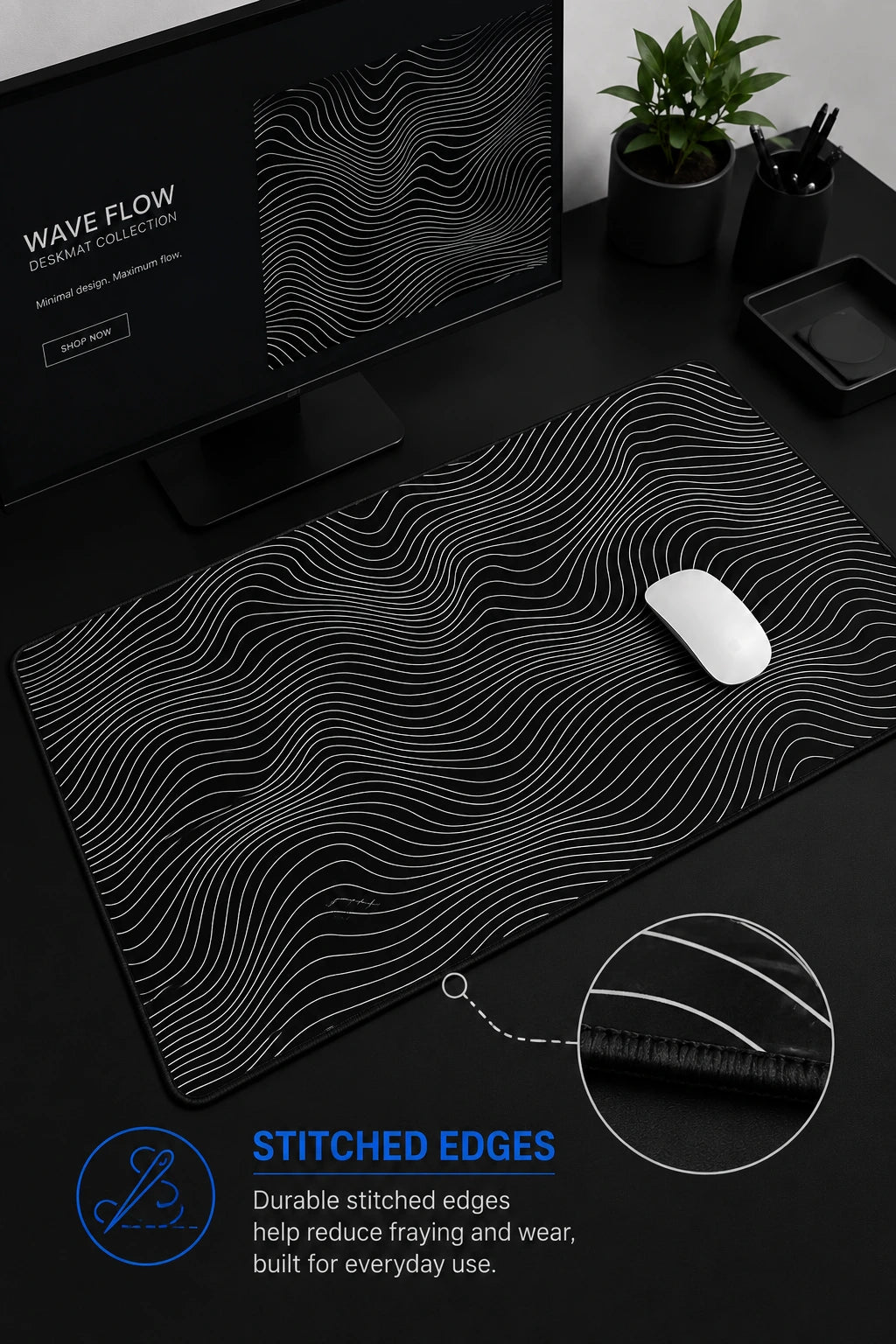 Custom-Printed Charcoal Waves Desk Mat
