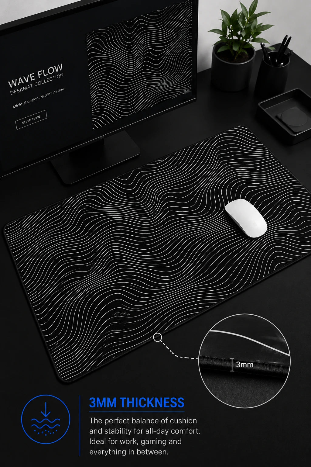 Custom-Printed Charcoal Waves Desk Mat